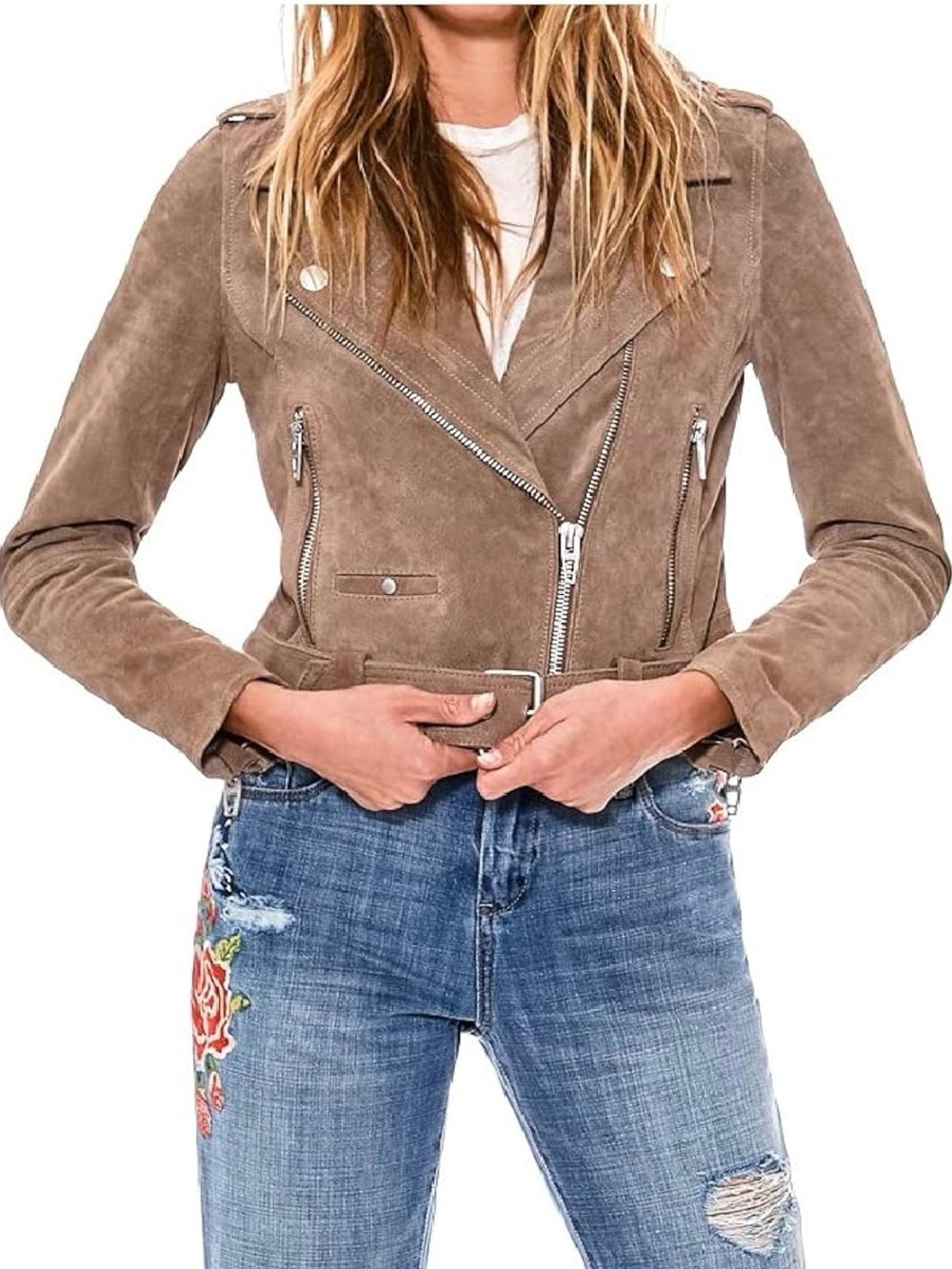 [BLANKNYC] Suede Moto Jacket in Taupe - Women's Classic Biker Sand